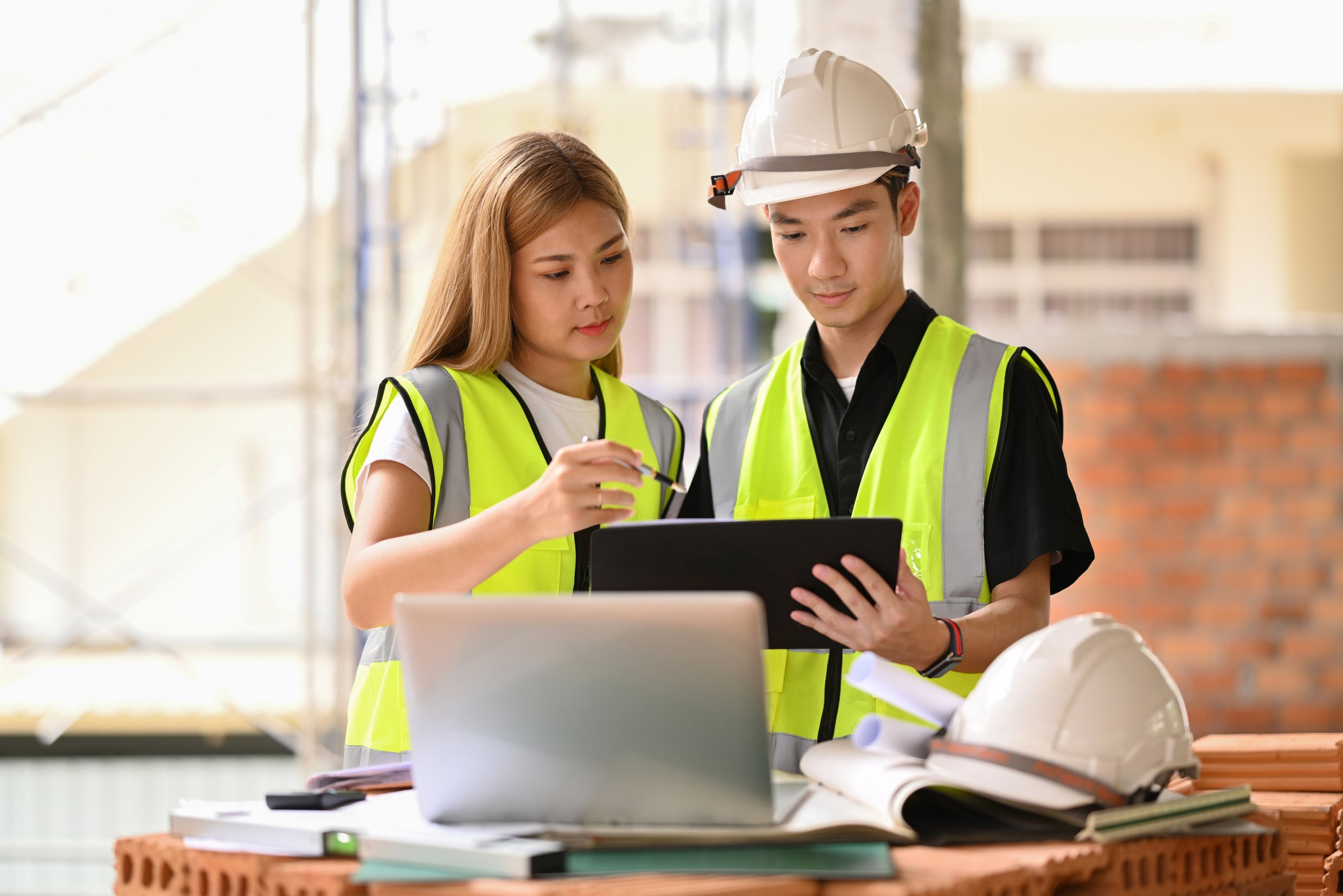 Two people in safety vests looking at a tablet